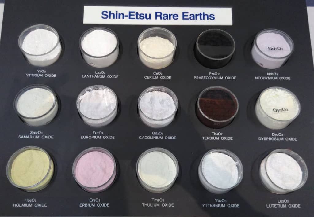 Separated rare earth oxides after solvent extraction.