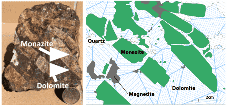 Coarse-grained REE bearing monazite crystals to 50mm (5cm) in length in carbonatite at Eureka, Namibia.