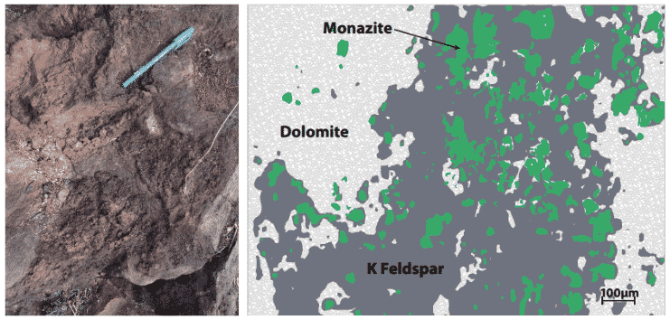 Fine-grained monazite to 200 micron (0.2mm) crystal size in primary carbonatite and “fenite” from a carbonatite in Southern Africa.