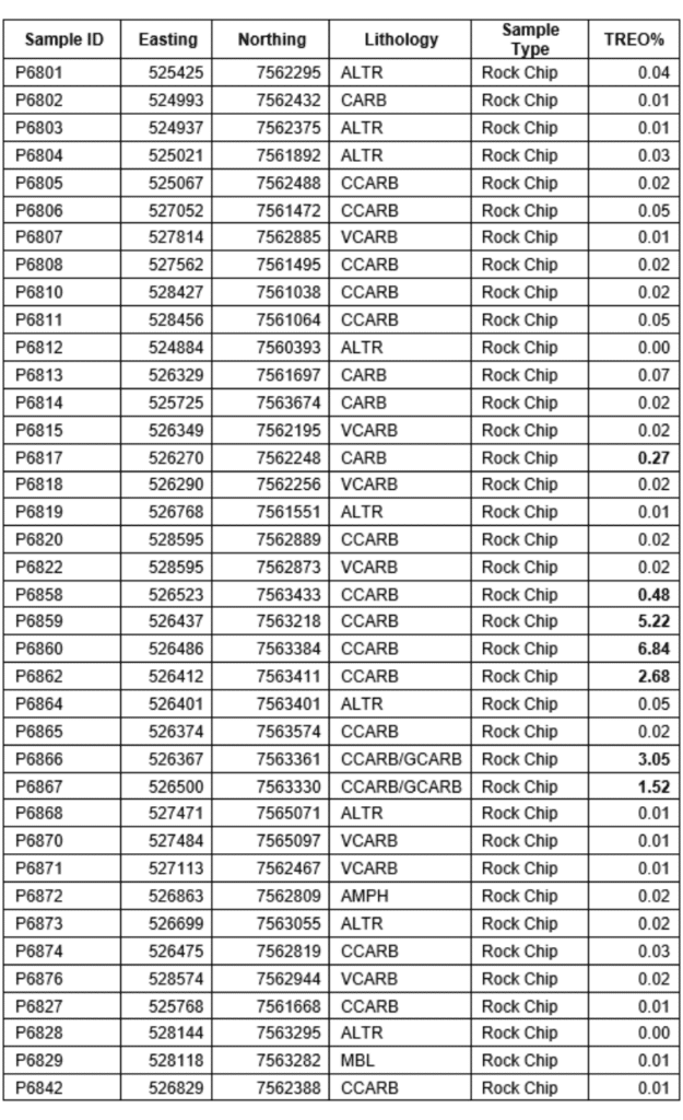 Summary of the collected rock chip samples and their assay results.